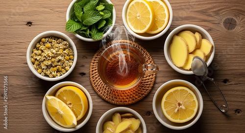 A cozy top-down composition of steaming herbal tea served with fresh lemon, ginger, mint, and chamomile flowers on a rustic wooden table background