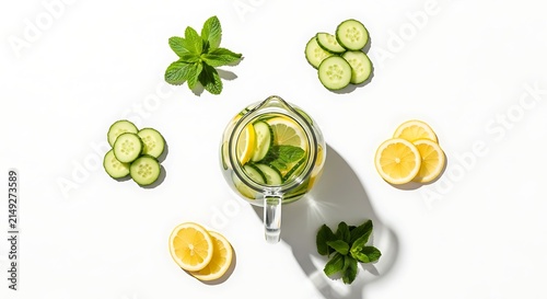 Flat Lay of Refreshing Detox Water Pitcher with Cucumber Lemon and Mint Slices Arranged in a Creative Circle on White Background