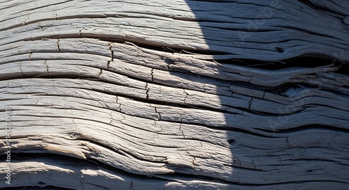 Close up of weathered driftwood texture showing natural cracks, deep grain patterns, and harsh contrast between bright sunlight and dark shadow