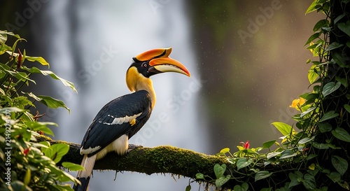 Majestic great hornbill bird perched on a moss-covered branch in a lush tropical jungle with a scenic waterfall cascading in the background