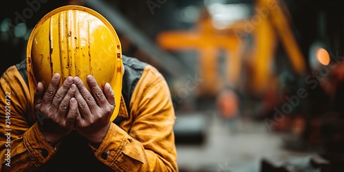 construction worker in yellow helmet showing stress or exhaustion in industrial environment
