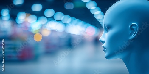futuristic human-like robot face in city lights with bokeh effect