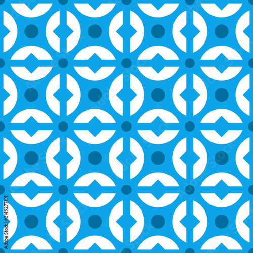 Seamless blue geometric pattern featuring circular white motifs and dark blue dots with diamond accents, creating a modern retro tile effect perfect for backgrounds, wallpaper, textiles, and packaging