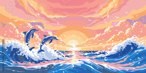 Fotografie Dolphins leaping from ocean waves at sunset a vibrant vector illustration with w