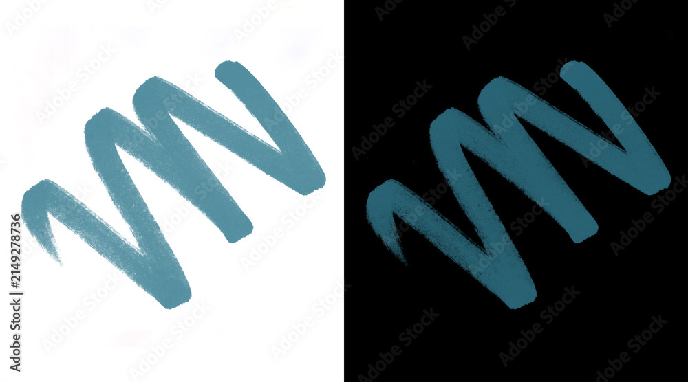 Fototapeta premium Teal brush stroke zigzag, hand drawn paint squiggle on white and black background, artistic ink mark for graphic design