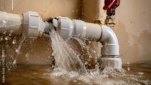 Burst water pipe leaking inside home causing severe plumbing damage and emergency indoor flood