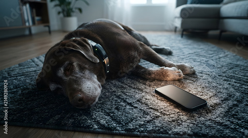 A senior chocolate labrador slumbers isolated on clean surface for modern commercial business