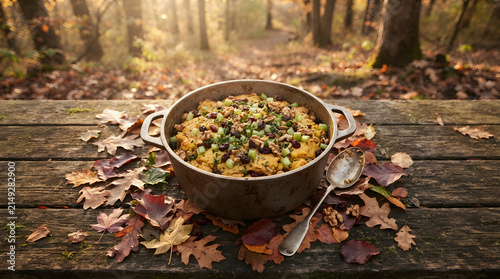 Cornbread stuffing on picnic table isolated clean surface for modern commercial business asset