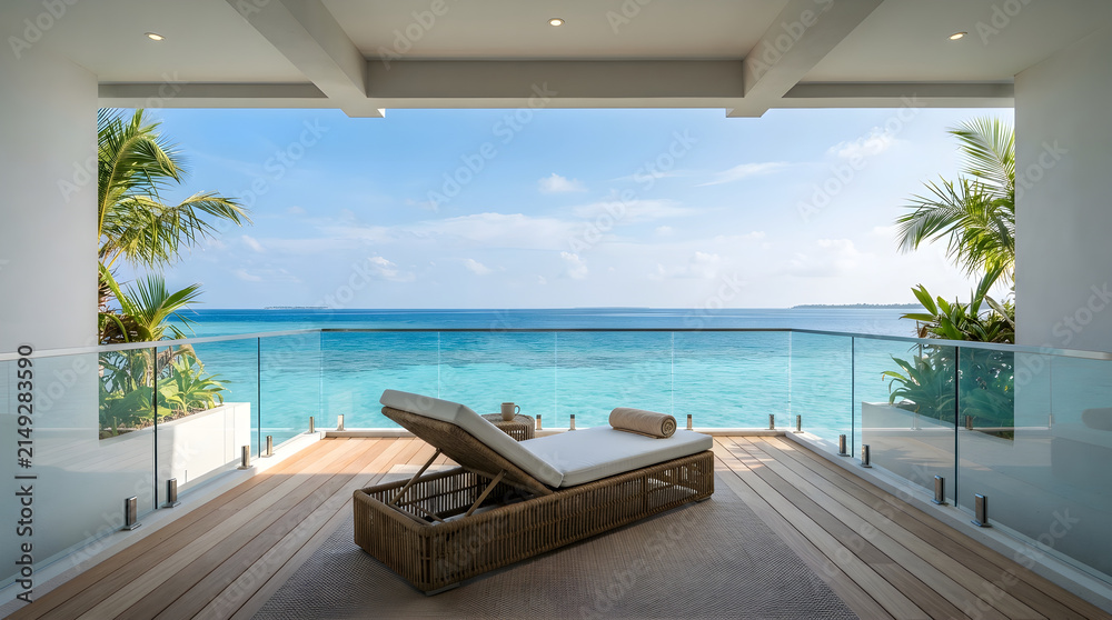 Fototapeta premium Empty balcony ocean view isolated on clean surface for modern commercial business technology