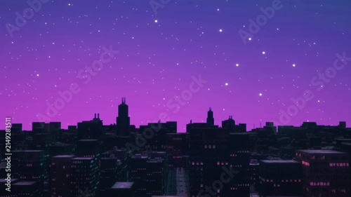 Seamless Synthwave City Loop With Scrolling Retro Skyline at Night.