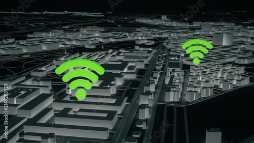 Flying Through Abstract Smart City With Emerging Wireless Signal Icons.