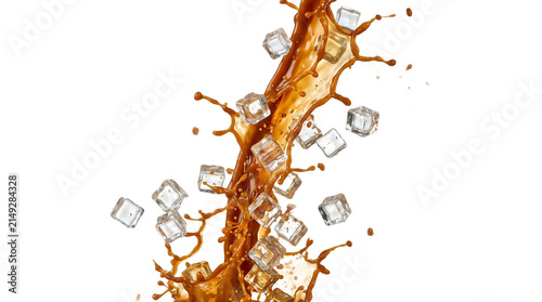 A splash of cola with ice cubes for the concept of refreshment and thirst.