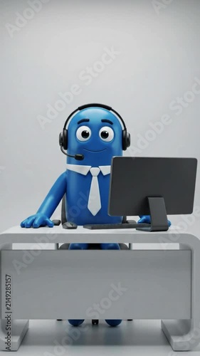 3D Customer Service Representative with Headset Explaining at Workstation