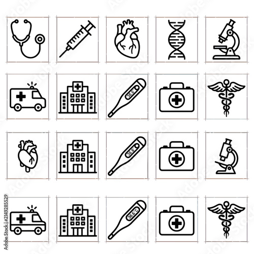 Medical Iconography Collage: A grid of simple line art icons representing various medical symbols, including a stethoscope, syringe, heart, DNA helix, microscope, ambulance, hospital, thermometer.