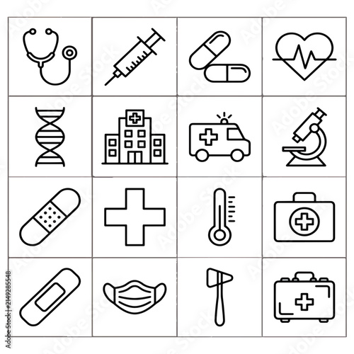 Medical Icons Collection: A comprehensive set of line art icons representing various aspects of healthcare, including a stethoscope, syringe, pills, DNA, hospital, ambulance, microscope, bandage.