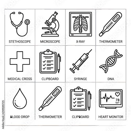 Medical Icons Collection: A graphic illustration featuring a grid of twelve medical icons, each representing a vital aspect of healthcare, from diagnostic tools to biological structures.