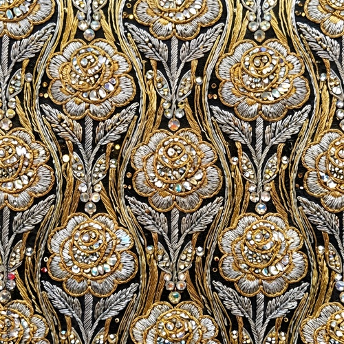 Decorative golden floral embroidery pattern on a black fabric background  