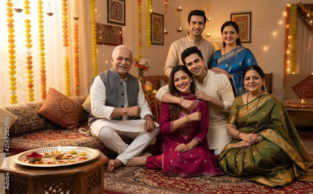 Fototapeta premium A photorealistic 16:9 wide-angle group photograph of a happy Indian family celebrating Raksha Bandhan festival together in a traditionally decorated home. 