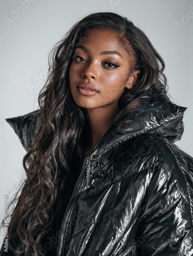 Young Black Woman in Shiny Black Puffer Jacket