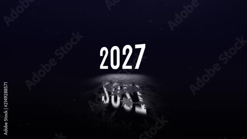 Happy New Year concept animation. Camera movement around Happy New Year and 2027 floating over a shiny floor