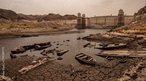 Dramatic landscape of an extreme drought caused by El Niño, featuring a severely depleted reservoir with abandoned boats, cracked dry lakebed, and a massive dam in the background.