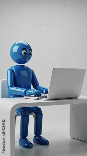 3D Blue Character Typing on Laptop Computer at Office Desk