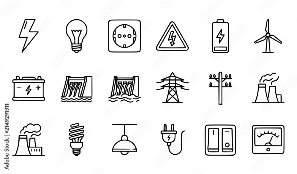 Fototapeta premium Professional Linear Electricity Infrastructure and Green Energy Icon Collection