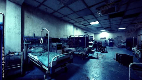 Derelict ICU with silent monitors and empty beds, tangled IV lines, darkened screens, ventilator stands idle, damp floors reflecting harsh ceiling lights,