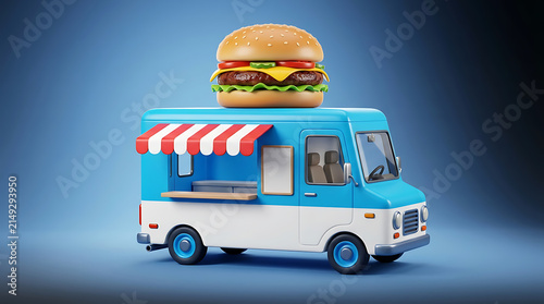 Cute Blue 3D Food Truck Van with Giant Hamburger on Roof Fast Food Illustration