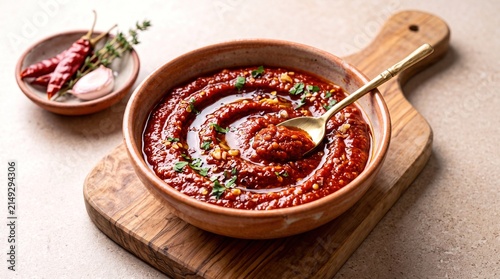 Authentic Tunisian Harissa Dip Swirled with Olive Oil and Garlic on a Rustic Wooden Cutting Board