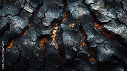 Abstract Texture Of Glowing Burning Charcoal Surface With Intense Cracks And Warm Orange Fire Light