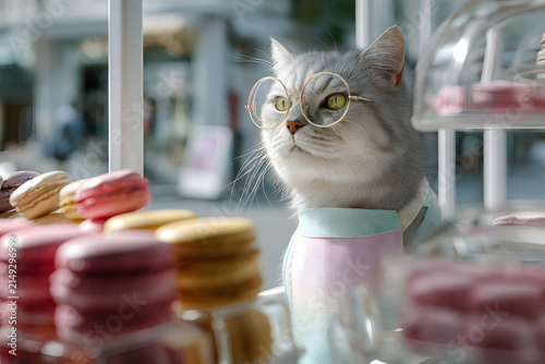 Charming British Shorthair Cat Wearing Bakery Apron in Bright French Patisserie Interior