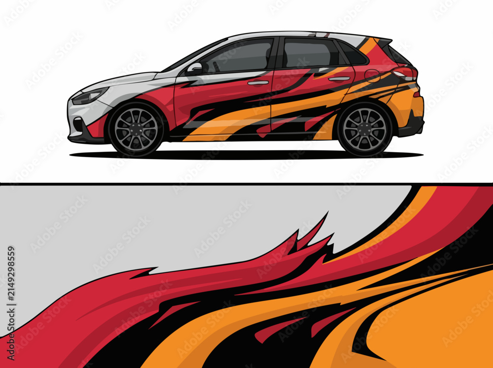 Fototapeta premium Sporty hatchback car wrap decal design with red and orange stripes