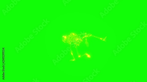 Neon glowing skeleton dancing breakdance on a green screen background for Halloween visual effects compositing