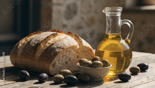A bottle of olive oil next to a loaf of bread