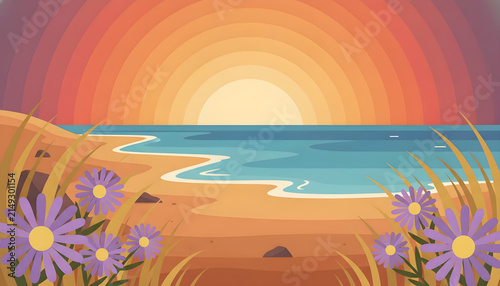 A beach scene with flowers and a sunset