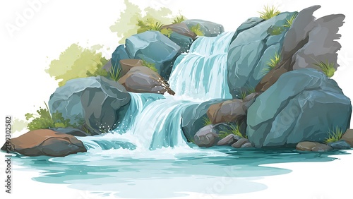 Mountain Stream Waterfall Vector Illustration on White Background
