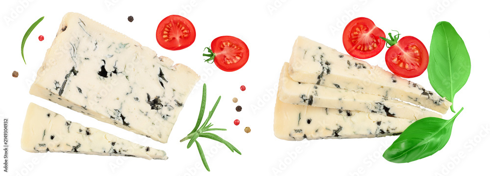 Fototapeta premium Blue cheese gorgonzola isolated on white background with full depth of field. Top view. Flat lay.