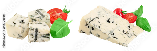 Foto Blue cheese gorgonzola isolated on white background with full depth of field