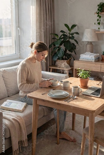 A solitary single woman is sitting on a couch