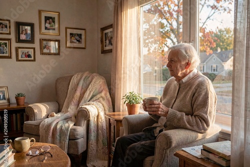 An elderly woman sits in a chair holding a cup of coffee.