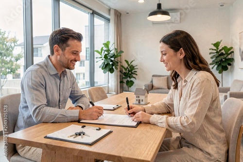 A man and a woman setting a rental agreement while sitting at a wooden table.