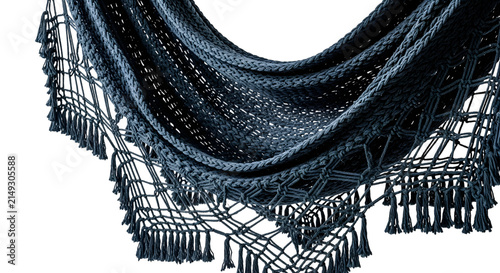 Close up of dark blue woven hammock with fringe isolated on transparent background
