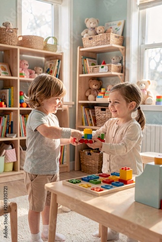 A boy and a girl playing with blocks on a table.