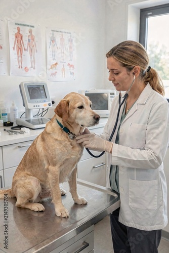 A woman in a white lab coat standing next to a brown dog.