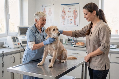 Two women in scrubs are petting a dog on a metal table.