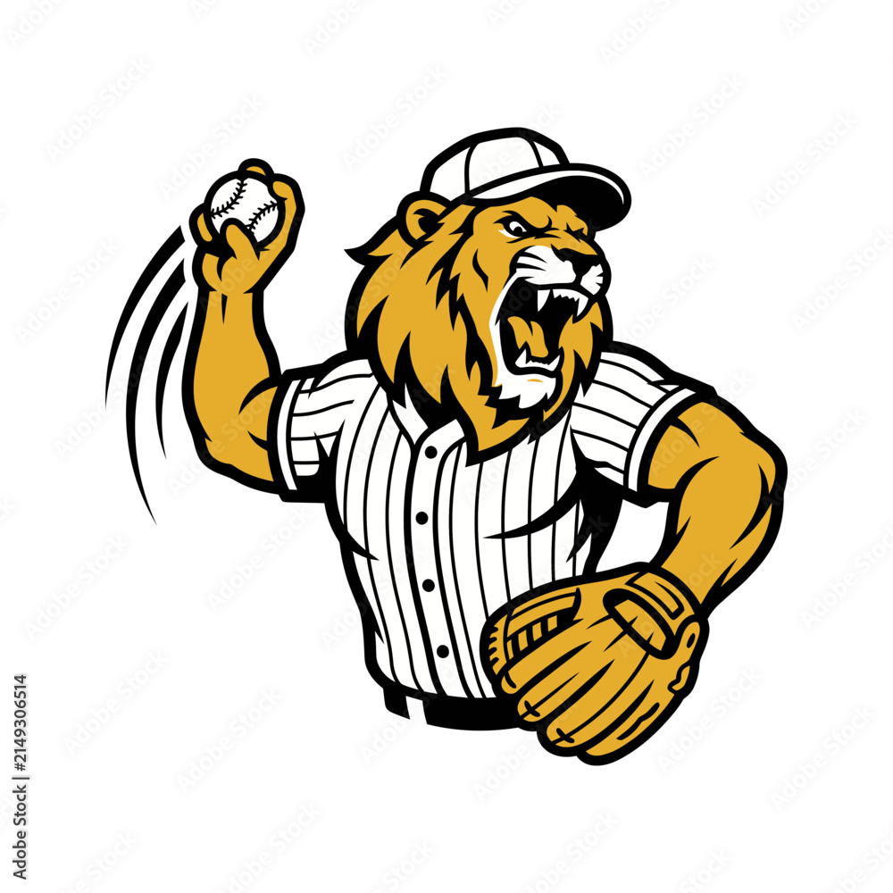 Obraz premium Lion baseball player mascot throwing a ball wearing a professional pinstripe jersey for sports team branding and athletic vector illustration design