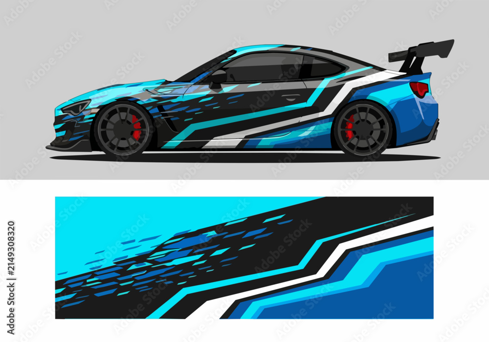 Naklejka premium Blue Camouflage Sports Car with Racing Decal Design