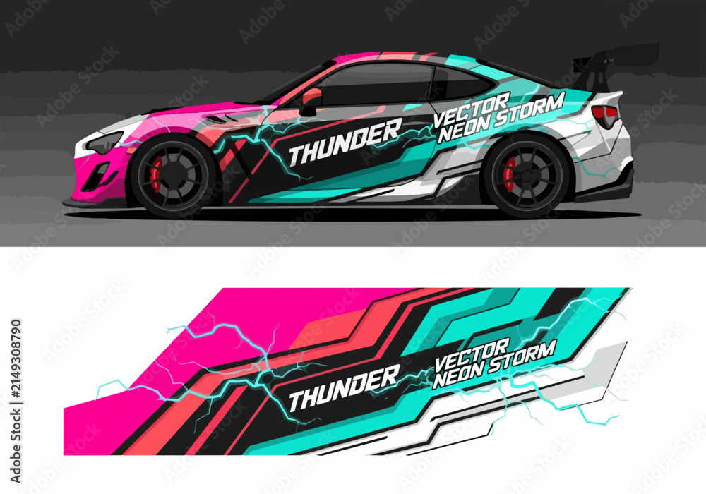 Fototapeta premium Colorful sports car with neon storm vector design wrap