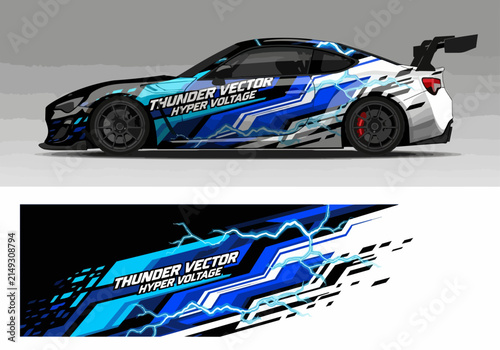 Blue lightning car wrap design with thunder vector text